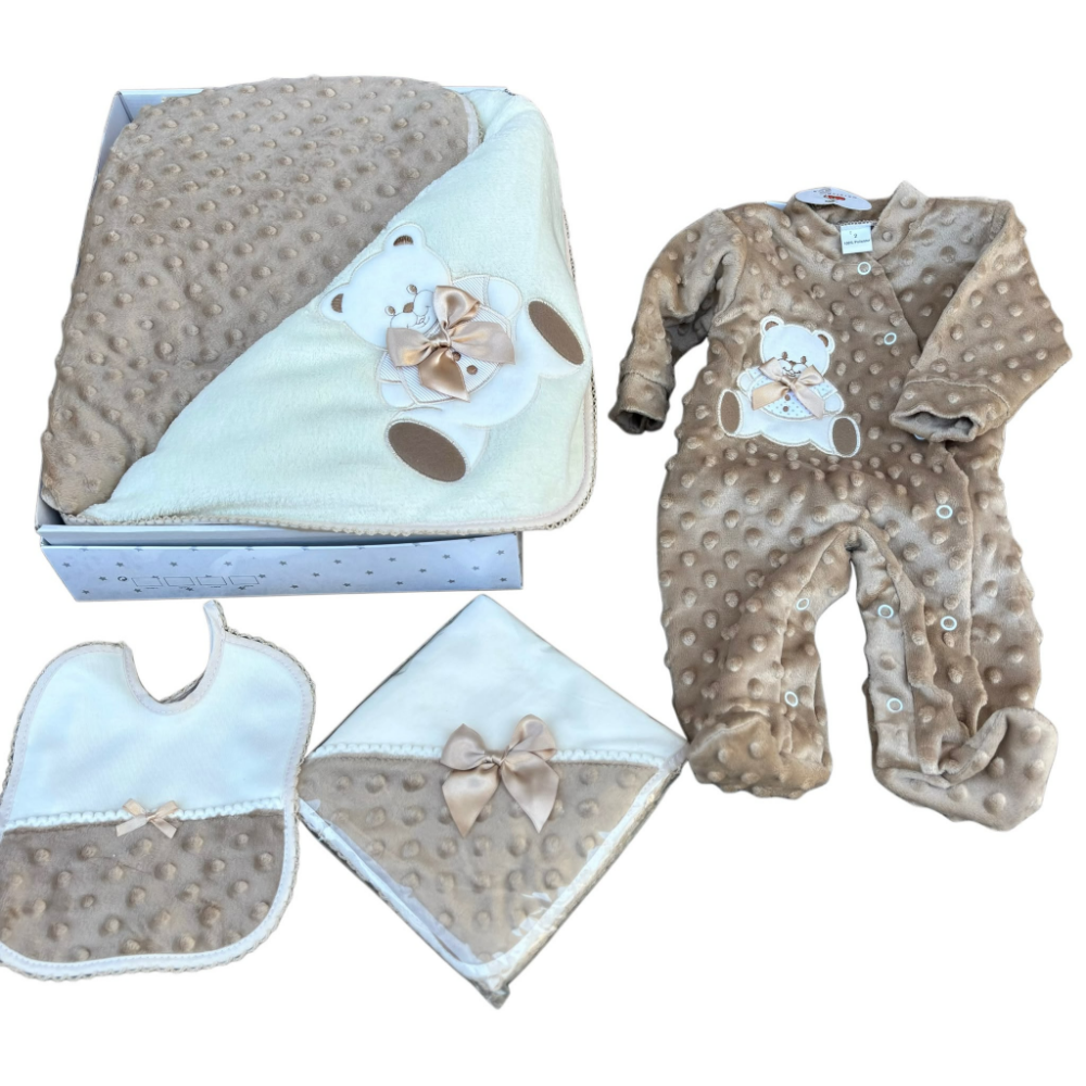 conjunto manta, babygrow bate e fralda pipoca